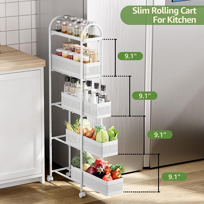KINGRACK 5 Tier Slim Rolling Cart with Drawer, Metal Utility Storage Cart | 4 Pull-out Baskets, Lockable Wheels, Narrow Space Trolley Organizer for Bathroom, Kitchen, Office, Dorm, Laundry Room, White - Image 3