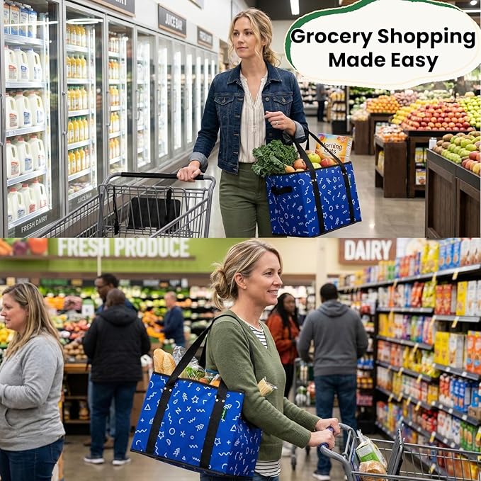 Reusable Grocery Bags (3 Pack) - Heavy Duty Foldable Tote Bags with Long Handles & Hard Bottom - Large Reusable Shopping Bags, Box-Shaped Grocery Totes Hold Up to 65 lbs, Stand Up & Fold Flat - Image 2