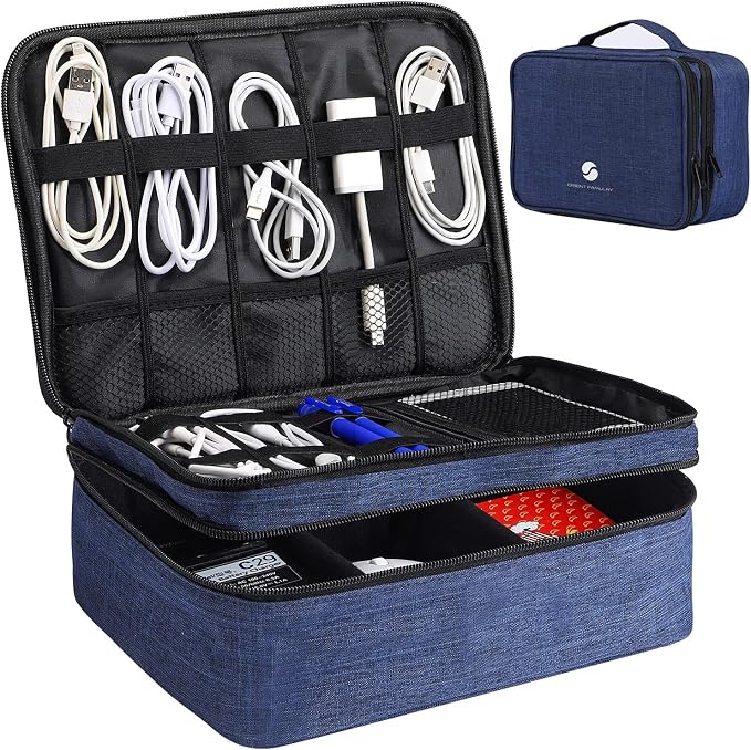 Travel Electronics Organizer, Waterproof Cable Organizer Bag for Electronic Accessories Double Layer Large Shockproof Cable Storage Bag for Cord, Power Bank, Tablet(Up to iPad 11 inch) - Royal Blue by ORIENTFAMULAY