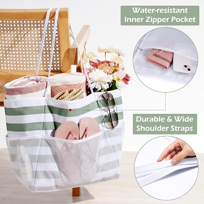 KALIDI Beach Tote Bag Women Large Waterproof Sandproof Shoulder Handbags | Foldable Grocery Bag Striped Pool Bag Lightweight Travel Purse for Picnic Travel Vacation Casual Errands Everyday Daily - Image 7
