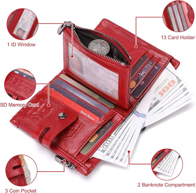 Chain Wallet for Women, Genuine Leather RFID Blocking Bifold Wallet with Anti-Theft Chain B02-Red - Image 3