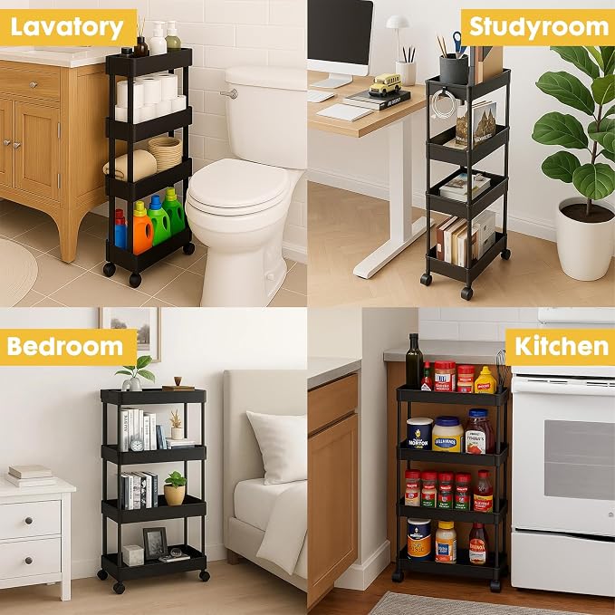 ShellKingdom 4 Tier Bathroom Storage Organizer, Slim Rolling Storage Cart for Narrow Space, Mobile Shelving Unit with Lockable Wheels and Hooks for Bathroom, Kitchen, Laundry Movable Shelf (Black) - Image 2