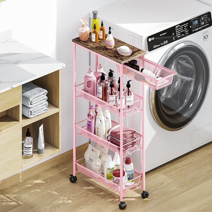 KINGRACK 4-Tier Slim Storage Cart, Metal Rolling Cart, Organizer with Wooden Tabletop and Drawer Basket, Mobile Shelving Unit for Kitchen, Bathroom, Laundry Room, Pink by KINGRACK