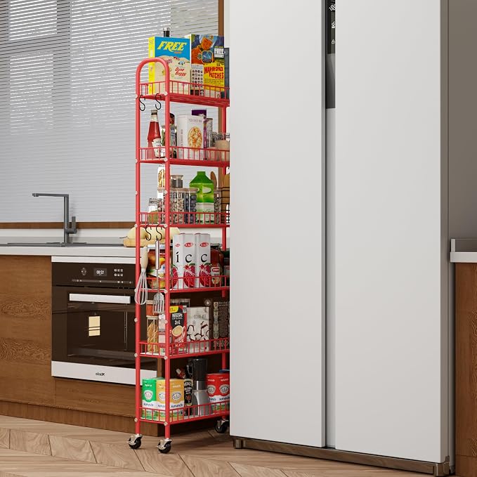 Slim Rolling Storage Cart 6 Tier, Metal Kitchen Rolling Utility Cart with Lockable Wheels for Kitchen, Bathroom, Office, Laundry Room, Small Narrow Spaces (Red 6 Inches) - Image 2
