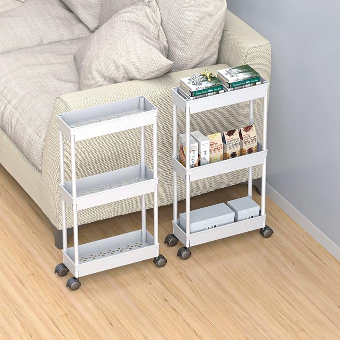 Sooyee Slim 3 Tier Rolling Cart with Wheels, Storage Cart,White | Under Desk Narrow Rolling Utility Cart Storage Organizer for Office Bathroom Kitchen Laundry Room Narrow Places - Image 6