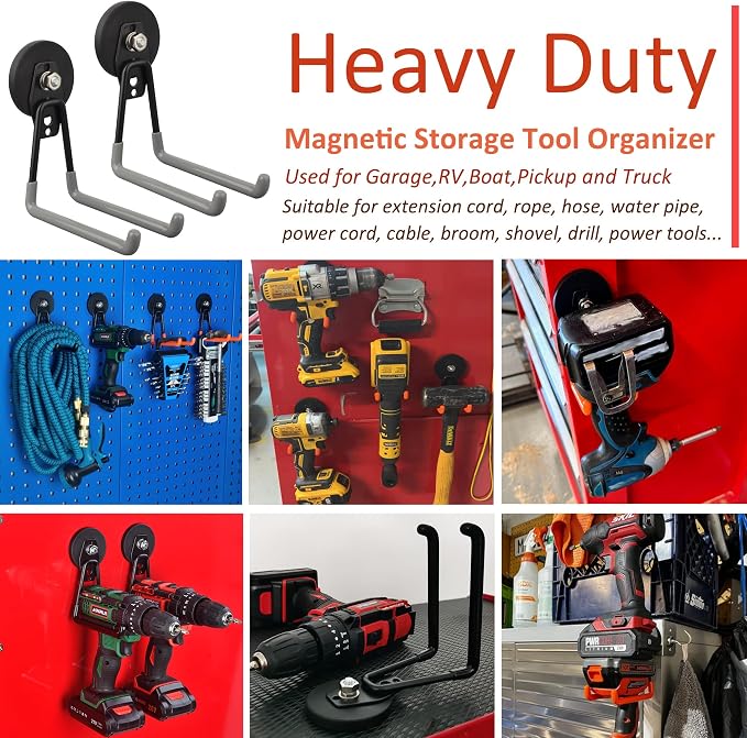ULIBERMAGNET Magnetic Garage Hook, Cordless Drill Hooks Heavy Duty,Power Tool Organizer,Large Manget with Hooks for Workshop Organization,2 Pack Hook for Drill,Garden Tool(Gray) - Image 4