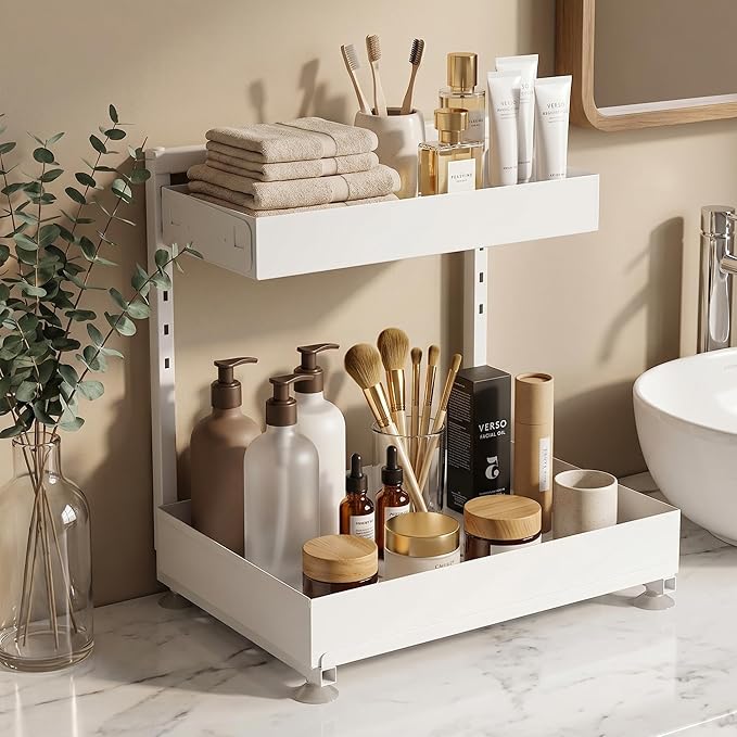 Under Sink Organizer, Bathroom Counter Organizer, 2 Packs 2-Tier Metal, Under Cabinet Storage, Makeup Storage, Adjustable Height & Slide-Out Drawer for Kitchen Bathroom, White - Image 5