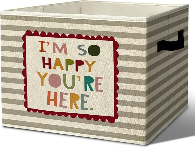 Rustic Boho Classroom Storage Bins Boxes with Handles | books clothes, i'm so happy you are here grey striped nursery foldable basket for organizing bedroom toddler room playroom by Unknown