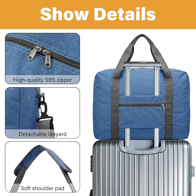 30L Foldable Underseat Travel Duffel Bag 17.3"x13.8"x7.9" – Lightweight Carry on Luggage for Women and Men, Waterproof Overnight Bag, Gym Sport Holdall, Hospital Tote with Trolley Sleeve, Blue - Image 3