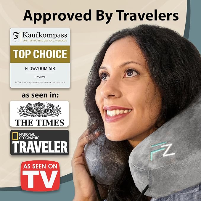 FLOWZOOM Air Inflatable Neck Pillow for Traveling on Plane - H-Shape Hooded Travel Pillow with 5 Snooze Modes, Fast Inflation, Pressure Control, Cozy Clip-On Hood & Plushy Cover - Size L, Silver Gray - Image 8