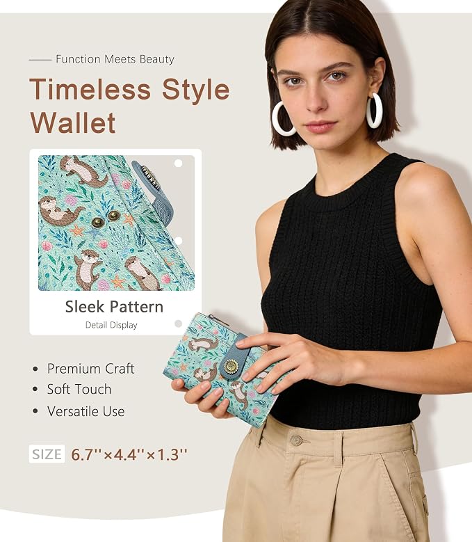 Otter Wallet Women RFID, Cute Passport Holder, Credit Card Holder | 6.7" x 4.4" x 1.3" Bifold, Travel billfold, Zipper Pocket, PU Leather, Clutch, Purse, ID Window, Pen Holder, Gift Ladies Girl - Image 2