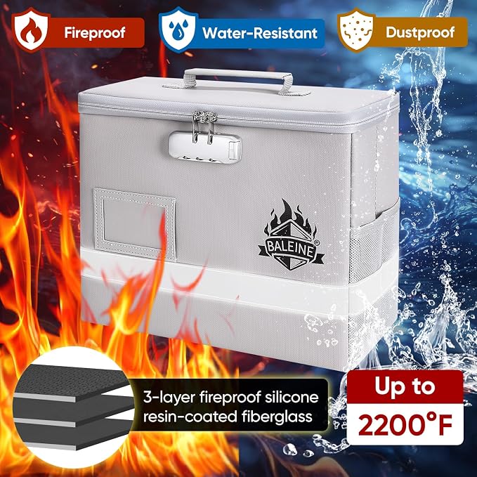 BALEINE Fireproof Document Box with Lock, Portable Fireproof Document Bag Waterproof Fire Proof File Boxes for Documents, File Organizer Box for Important Paperwork (Silver, 12.5''x10.5''x6'') - Image 5