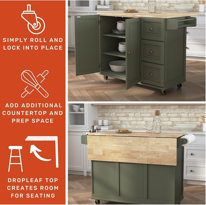 Homestyles Mobile Kitchen Island Cart with Wood Top and Dropleaf Breakfast Bar, 18" D x 53.5" W x 36" H, Green - Image 6