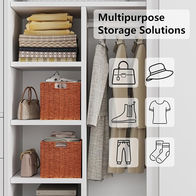 Wicker Storage Basket, Set of 2 Hand-Woven Paper Rope Wicker Basket, Foldable Cube Storage Bins, Square Large Storage Baskets for Organizing Shelves & Decor, Orange (13″×13″×13″) - Image 9
