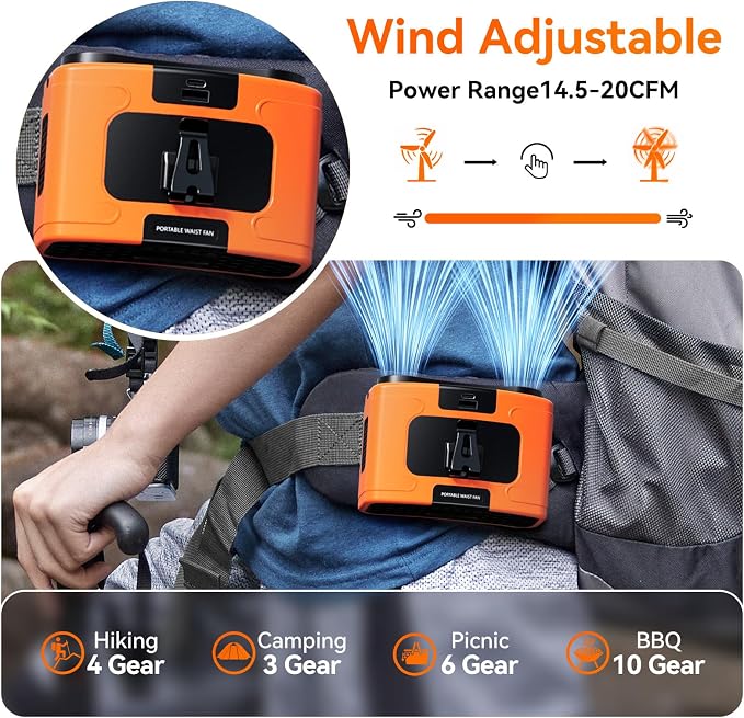 Doublepow 10000mAh Portable Waist Fan, Personal Dual Waist Fan, Clip On Belt Hanging Neck, Dual Motor 20H&10 Speed 16000RPM Strong Airflow, USB Rechargeable Fans, for Outdoor Work Travel(K60-Orange) - Image 4