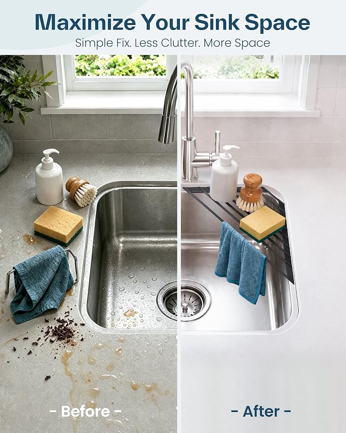 Ohuhu Corner Sink Caddy, Sponge Holder for Kitchen Sink Organizer - Silicone Wrapped Steel Anti Slip Rust Triangle Over the Sink Roll-UP Dish Drying Rack for Sink Corner Kitchen Sink Accessories - Image 2