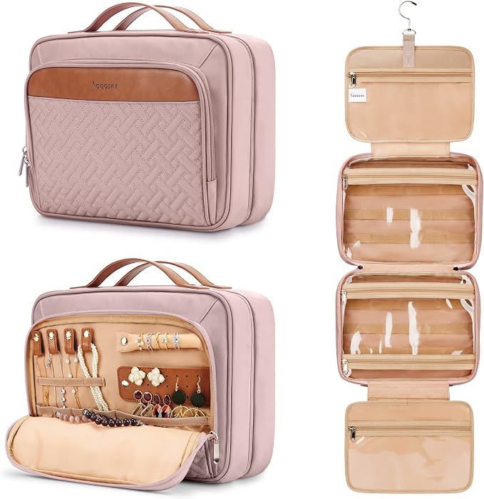 Travel Hanging Toiletry Bag for Women, Extra Large Makeup Bag, Holds Full-Size Shampoo, with Jewelry Organizer Compartment, Waterproof Cosmetic Bag, Toiletries Kit Set with Trolley Belt, Baby Pink by COOSKY