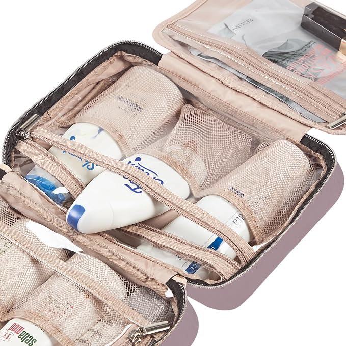 NISHEL Travel Toiletry Bag for women, Portable Hanging makeup Organizer | for Travel-Sized Shampoo, Conditioner, Brushes Set, makeup Accessories, Medium Size, Peach Pink - Image 6