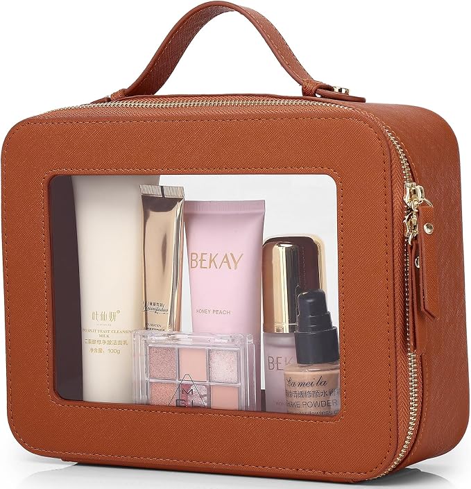 Pinkmik Clear Makeup Bag, (Brown, L) | Mahjong Tiles Bag ,Travel Cosmetics and Toiletries Case, Portable Makeup Organizer,Car Bag with Zipper,Waterproof, by Pinkmik