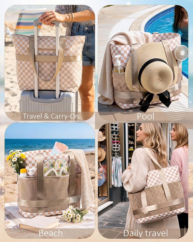 Large Beach Tote Pool Swim Bag for Women Sandproof with Wet Compartment | Waterproof 8 Multi-Pockets | Zipper Closure | Ideal for Travel, Cruise, Vacation, Picnic | Light & Quick-Dry Mesh - Image 7