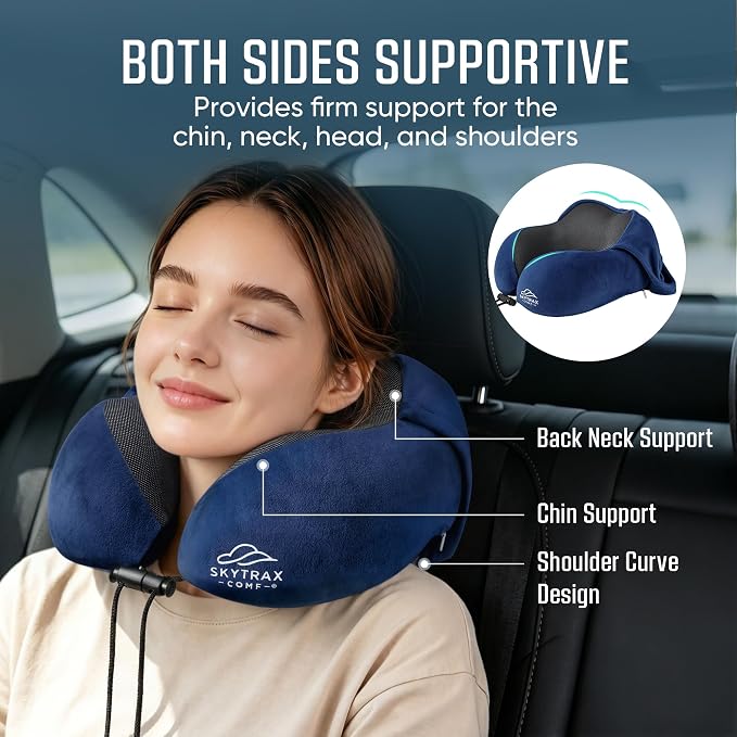SkytraxComf® Travel Neck Pillow with Hood for Privacy on Long Flights | Memory Foam | Airplane Sleep | Safety-Tested Materials | Extra Large Hood | Chin Support | Earplugs | Washable Cover - Image 4