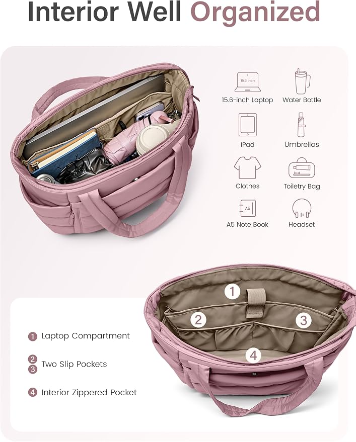 Uselike Tote Bag for Women with Zipper, Quilted Puffer Tote Bag with Compartments, Lightweight Puffy Work Bags for Women - Image 5