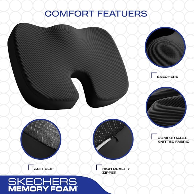 Skechers Memory Foam Seat Cushion,Office Chair Cushion for Tailbone Pain Relief,Butt Pillow for Office Chair,Car seat Cushion,Computer Desk,Long Sitting Office Workers,and Car Drivers,Black - Image 3
