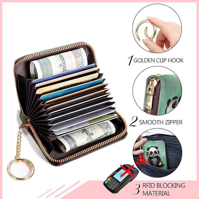 Blusabaca RFID Credit Card Holder Small Women Travel Wallet, Cute Panda | Removable Keychain, Case with Zipper, Vegan PU Leather, Cash Coin Pocket, Business Accordion Purse, Ladies Female Gift - Image 4