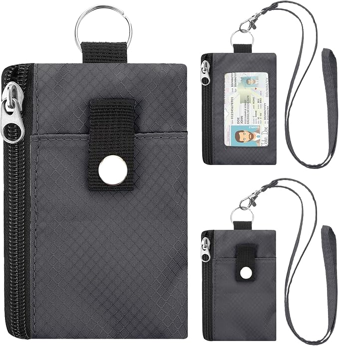 Minimalist RFID Blocking Wallet with 2 Zip Pockets and Lanyard, Water Resistant ID Case with Key Ring and Cards Badge Holder, Coin Purse Pouch for Men and Women Travel Sports -GRAY by Unknown