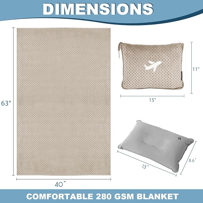 Travel Blanket Airplane Compact with Bag, Travel Essentials 3 in 1 Packable Airplane Blanket, Travel Pillow and Blanket Set, Inflatable Pillow, Luggage Sleeve & Backpack Clip (Camel) - Image 7