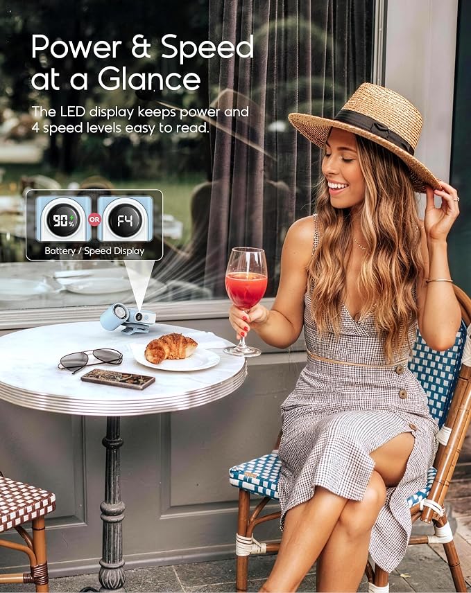 Clip-On Portable Fan for Strollers Travel, Rechargeable Turbo Personal Fan | Clip to Bag Strap Hat Stroller Shirt Desk Car Seats, Small 4 Speed 360° Rotate, Led Display, Turbo 13500RPM, Travel Essential - Image 7