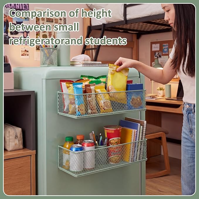 FoldTier 2 Pack Sage Green Magnetic Basket Dorm Mini Fridge Shelf Organizer Kitchen Storage Bin Container Spice Holder for Locker Refrigerator Pantry Dorm Essentials (13.8 x 3.1 x 4.9 Inch) - Image 5