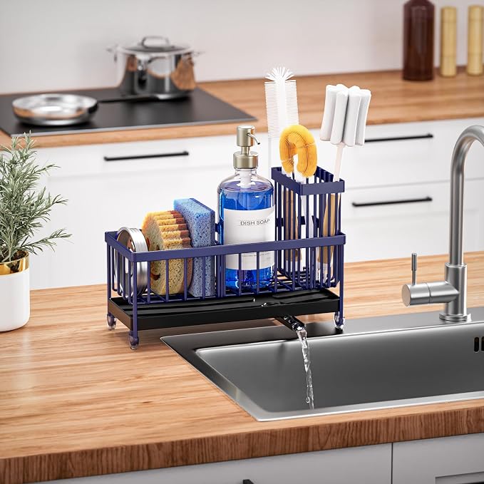 Cisily Sponge Holder for Kitchen Sink, Sink Caddy Organizer with High Brush Holder, Kitchen Countertop Organizers and Storage Essentials, Rustproof 304 Stainless Steel (Navy Blue, 9.25″) - Image 7