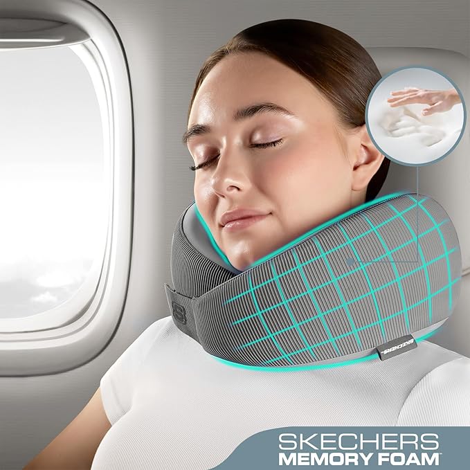 Skechers Men's Memory Foam Neck Pillow, Comfortable & Breathable Travel Pillow,Neck Pillow Airplane for Travel, Car Rides, Home, and Office Use, Ergonomic Design for Men and Women,Grey - Image 2