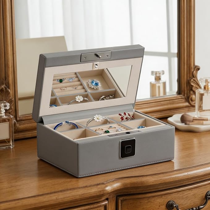 Jewelry Safe, Biometric Fingerprint Safe, Leather Wrapped Jewelry Box with Lock & Mirror, Ultra-Lightweight Jewelry Box Suitable for Home Use & On-the-Go(Three-Tier Gray) - Image 2