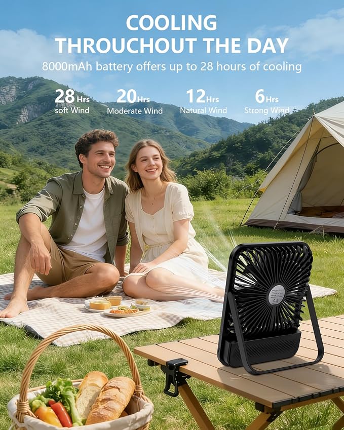 8000mAh Portable Travel Fan,7in 28hrs Ultra-Thin Desk Fan | USB Rechargeable Fan,1.65in Ultra-Thin,<42dB,with Timer,Light&Digital Display,Battery Powered Fan for Sleeping Hotel Cruise - Image 8