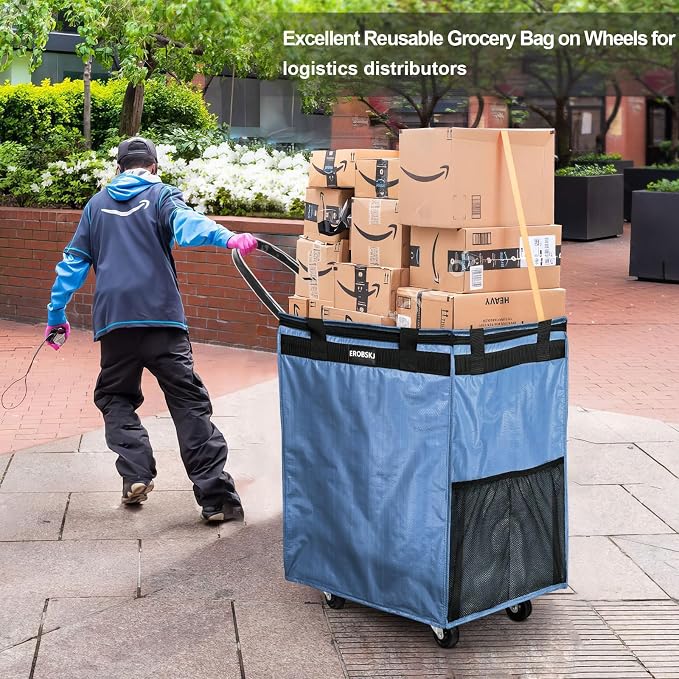 (Medium,Blue) Reusable Grocery Bag on Wheels, 70L Foldable Rolling Tote, Extra Storage for Shopping, Laundry & Moving, Zipper Clouser Shopping Carts for Camping, Moving, 4 Heavy Duty Wheels - Image 7