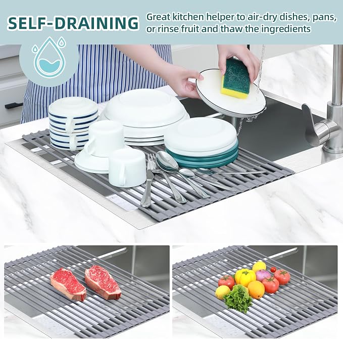 Ohuhu Dish Drying Rack Over The Sink, Roll Up Sink Rack 20.5" W x 13.1" L Rolling Dish Drainer Foldable Accessories Heat-Resistant Mat Anti-Slip Silicone Coated for Kitchen Counter - Image 2