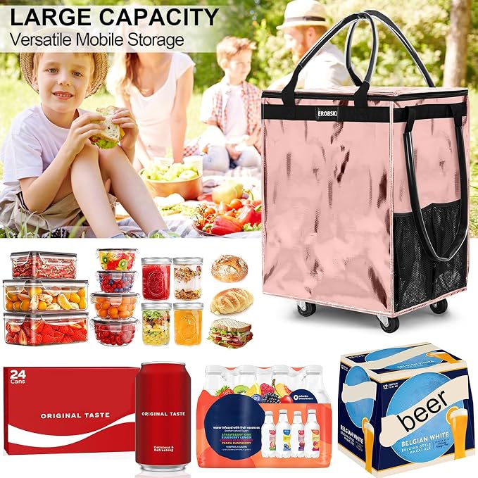 (Medium,Rose Gold) Reusable Grocery Bag on Wheels, Foldable Rolling Tote | 70L Shopping Trolley, Wide Zipper Shopping Carts for Trips, Laundry, Groceries, Camping, Storage,4 Heavy Duty Wheels - Image 4