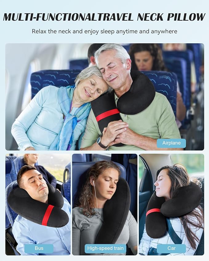 Patented Design Inflatable Travel Neck Pillow – Airplane Neck Pillow with 360° Head & Neck Support, Soft Washable Velvet Cover, Compact Neck Support Pillow for Airplane,Train,Car,Office & Home (Black) - Image 5