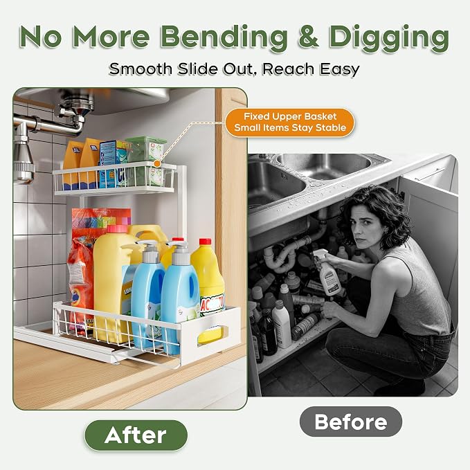 Under Sink Organizer, 1-Pack L-Shaped Metal Pull-Out Drawers for Kitchen | Cabinet Organizer Height Adjustable Heavy Duty Metal 2-Tier Storage Fits Beside Common Pipes for Bathroom Pantry - Image 3