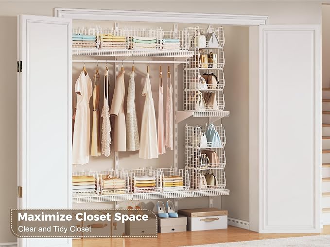 4" Extra Deeper Foldable Hanging Closet Organizer, Small Wire Cabinet Shelves and Storage with 5 S Hooks,4 Tier Metal Basket Bins for Clothes Sweaters Handbags, Wardrobe for Kitchen Laundry Room，White - Image 7