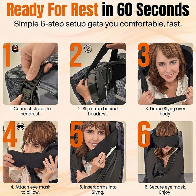 2 Pack 3-in-1 Airplane Sleep Support System - Plane Sleeping Accessories with Memory Foam Long Haul Flight Pillow, Adjustable Travel Eye Mask, and Blanket-Like Body Sling - Fits in Carry On - Image 6