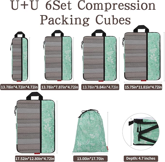 U+U 6 Set Compression Packing Cubes, Travel Organizers (Green Paisley) | Space-Saving & Drawstring Bag Included - Image 3