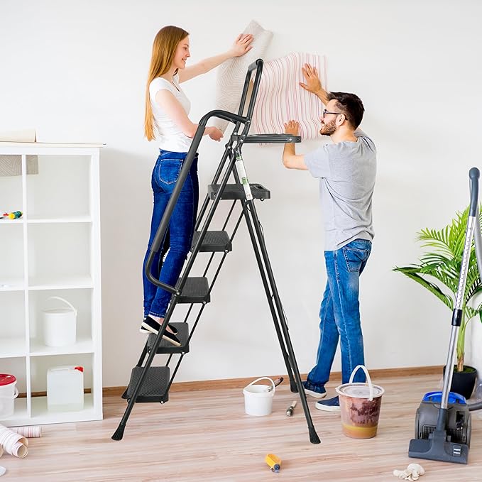 Arbusb Step Ladder, Folding Step Stool with Wide Anti-Slip Pedals, Sturdy Steel Ladder with Handrail, Space-Saving, Portable for Home & Adults, 5 Step Ladder - Image 6