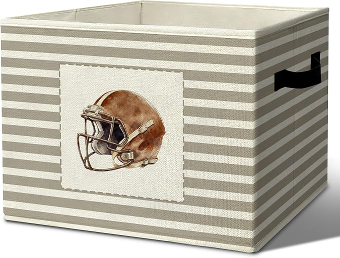 Rustic Football Helmet Storage Bins Boxes Handles | grey striped nursery foldable basket for organizing bedroom toddler playroom by Unknown