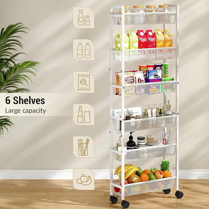 ThreeHio 6 Tier Slim Storage Cart, Narrow Cart with Wheels, Metal Mobile Shelving Unit Organizer for Bathroom, Kitchen, Laundry Room, Living Room & Narrow Spaces, White, 6in(W) - Image 5