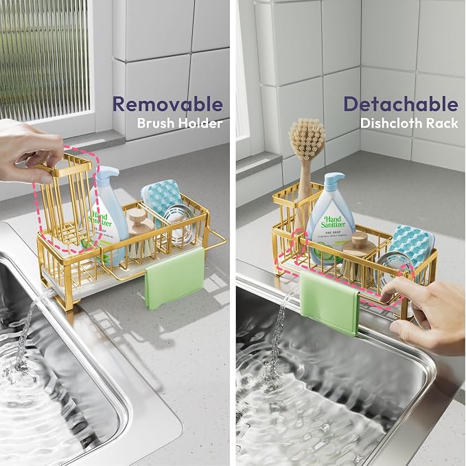 SWTYMIKI Sponge Holder for Kitchen Sink - Sink Caddy with Brush Holder Self-draining Sponge Caddy Organizer with Divider Stainless Steel Kitchen Accessories Storage for Countertop, Gold - Image 3