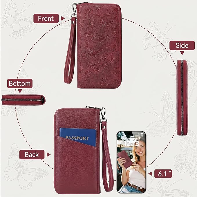 BELTANA Wallet Women RFID Blocking Large Capacity Wristlet Wallets for Women Butterfly Embossed Vegan Leather Clutch Purses with Card & Passport Holder (Red-Butterfly) - Image 6