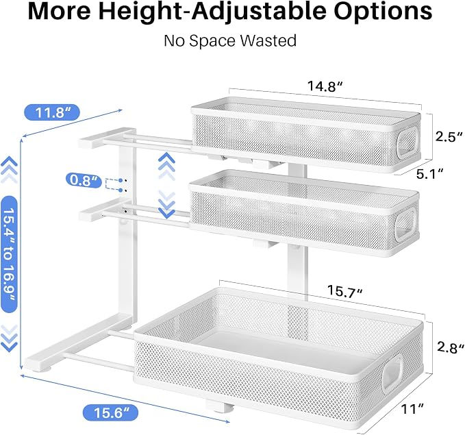 Under Sink Organizer, 3-Tier Thickened Metal Pull out Cabinet Organizer Shelf, Height Adjustable Slide out Storage Drawer Rack for Kitchen Bathroom Pantry Laundry Home Organization, 2-Pack, White | 35% Extra Storage Capacity, Carbon Steel, Hold Up 55lb... - Image 8